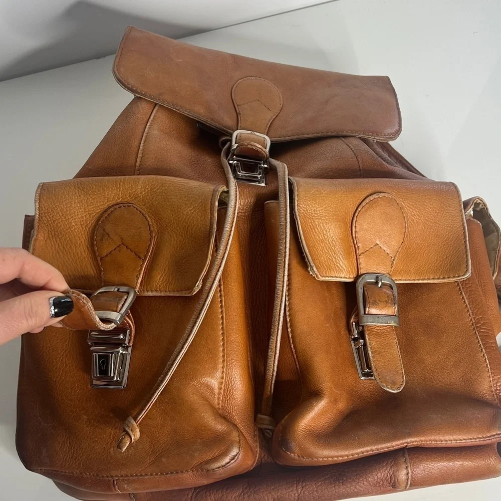 Piel Leather Large Buckle Flap Backpack in Tan Saddle Leather